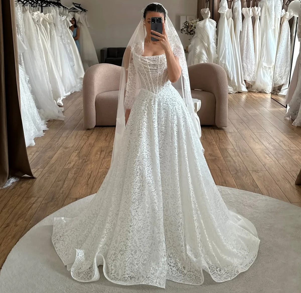 

Romantic Lace Square Collar Wedding Dresses For Women Vestidos novia Pleated Ball Gown With Train Long Bridal Gown For Bride