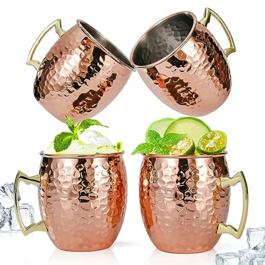 

Moscow Mule Mugs Set of 4, Hammered Cups with 304 Stainless Steel Lining and Gold Brass Handles, for Cold Drinks, Beer, Wine, B