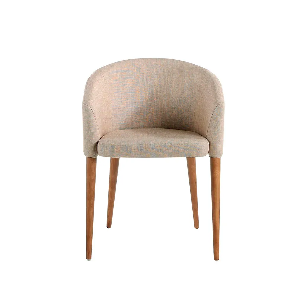 Chair 4007 Angel Cerdá-dining chair upholstered in fabric with armrests and legs structure in walnut-colored ash wood.