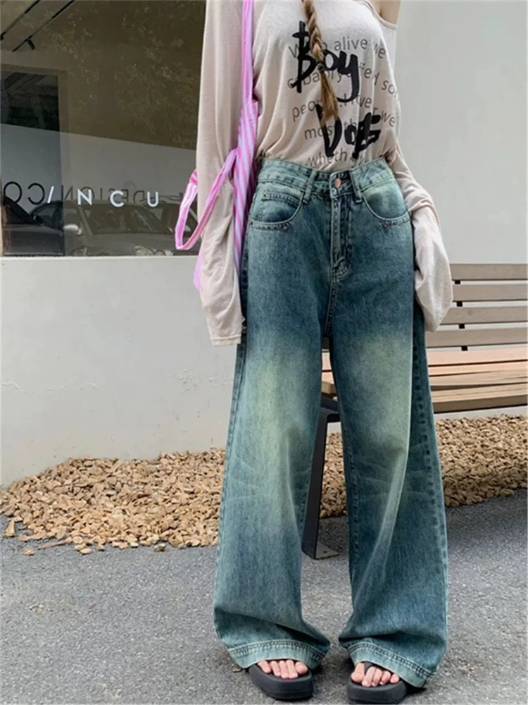 Women's Washing Nostalgia Wide Leg Straight  Jeans Cool Girl Streetwear Trouser Female Casual High Waist Baggy Denim Pants