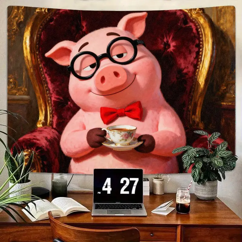 

1 шт., милая розовая свинья в очках, гобелен, забавная свинья джентльмена, чайное время, полиэстеровое настенное искусство для современной гостиной, спальни, общежития, декабрь
