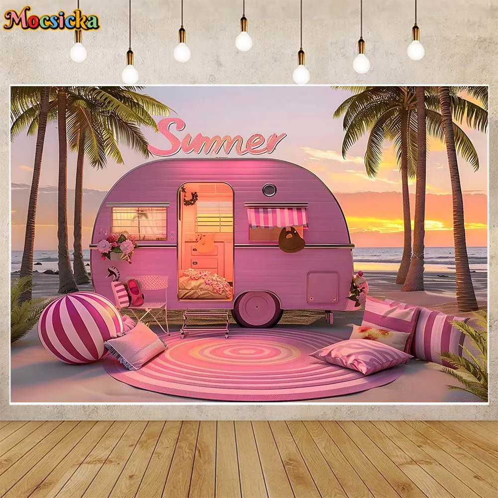 Mocsicka Summer Backdrop Photography Beach Sunset Pink Van Palm Tree Tropical Holiday Photo Background for Studio Shooting Props