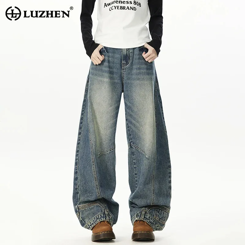 

LUZHEN Korean Fashion Gradient Washed Loose Straight Denim Pants Men's 2025 Spring Original Handsome Wide Leg Male Jeans JY3513