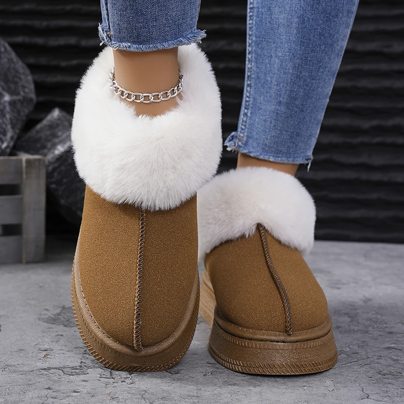 Faux Fur Women Snow Boots 2024 Winter Fashion Suede Thicked Plush Ankle Boots Woman Outdoor Non-Slip Warm Cotton-Padded Shoes