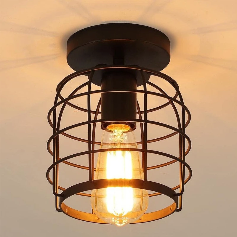 

Simple Iron Cage Shape Small Ceiling Light Retro Country Bedroom Aisle Balcony Lamp Industrial Style Storage Room Lighting