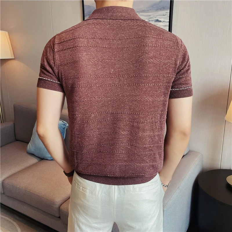 Men's Two-Tone Linen Blend Knit Polo Shirt – Summer Breathable Textured Short Sleeve with Collar for Casual & Smart Wear