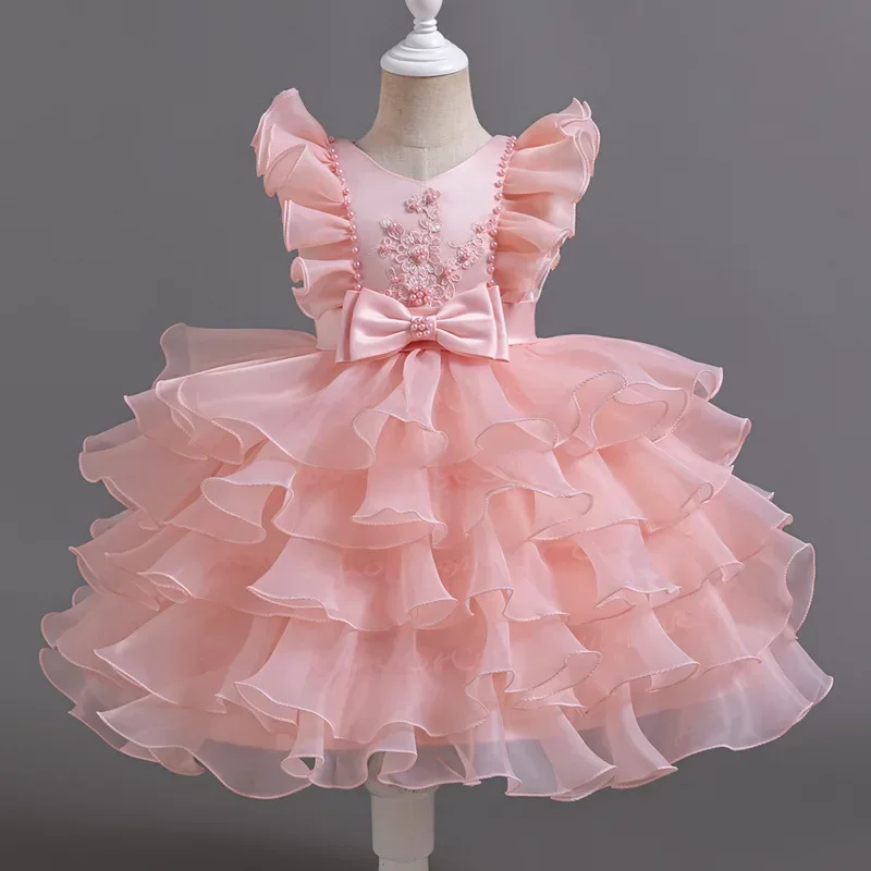 Fashion Flower Girl Dresses for Weddings Bow Lace Mesh Sleeveless Party Dress for Kids Girl Summer Girls Dresses 3-12 Years