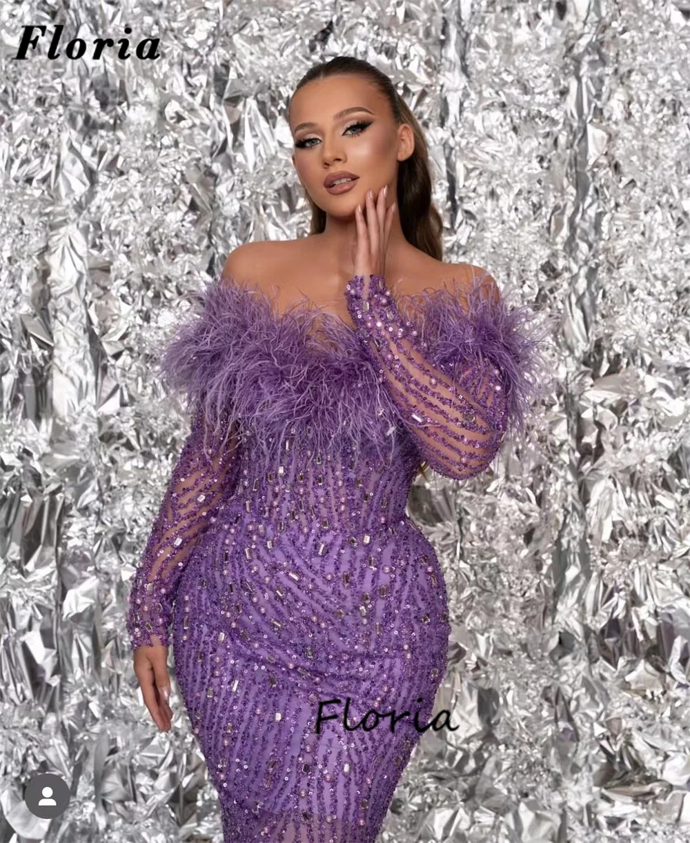 Purple Boat Neck Formal Prom Dresses Long Sleeve Middle East Mermaid Sequins Party Dress For Weddings Dubai Couture Evening Gown