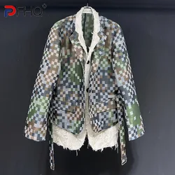 PFHQ Men's Camouflage Checkerboard Suit Jackets Deconstruction Fake 2 Pieces Contrasting Colors Advanced Spring Blazers 21Z4290