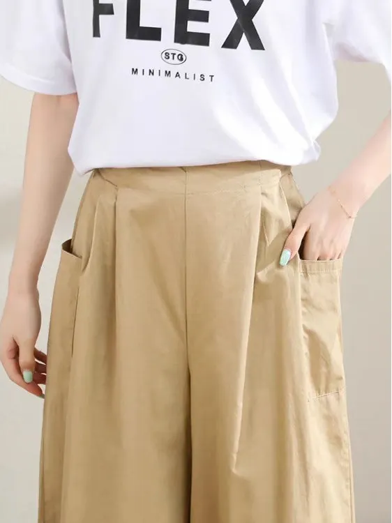 Pantalon d'été décontracté en coton à jambes larges pour femmes, en pur coton, coupe ample, taille haute, jambe droite