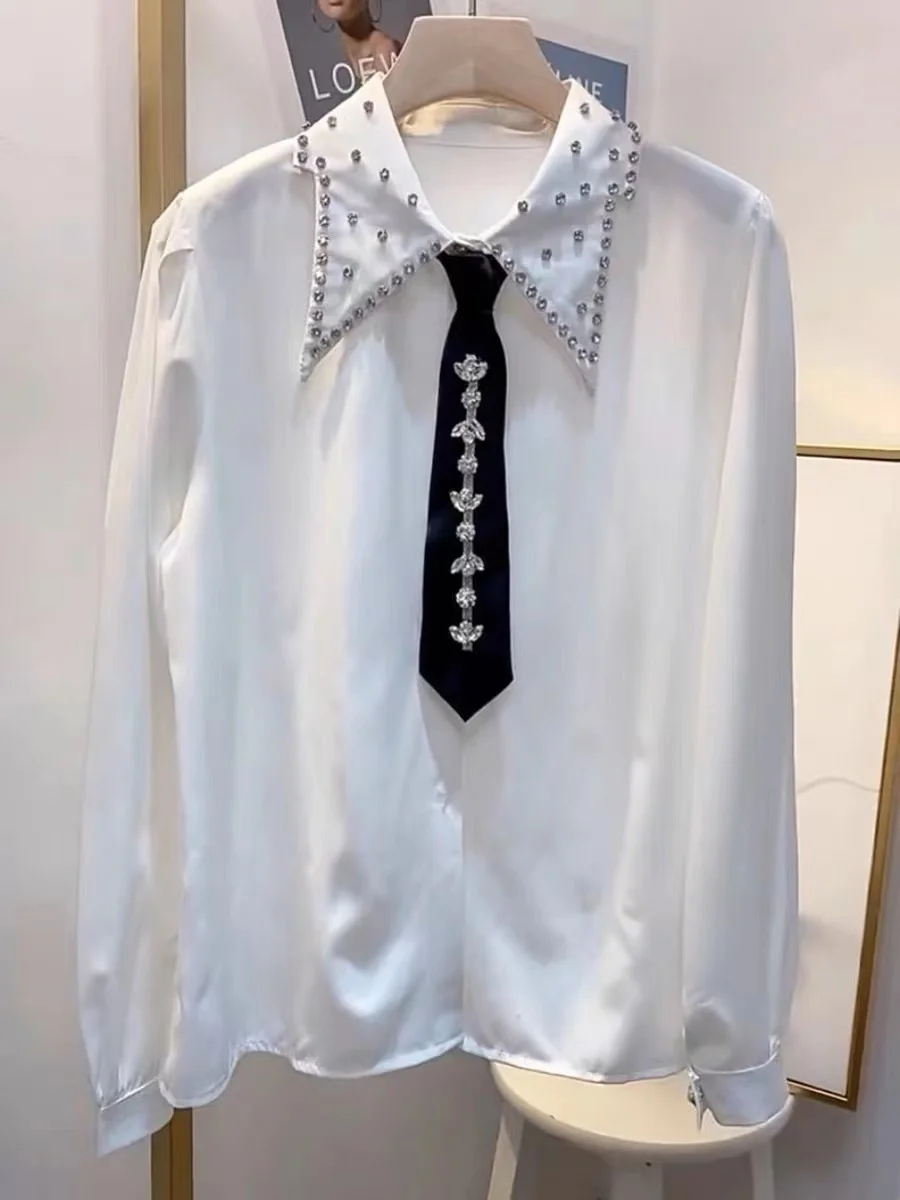 Blingbling Diamonds Tie White Shirts Women 2024 Spring New Elegant Long Sleeve Blouses Ladies Girls Blusas Top