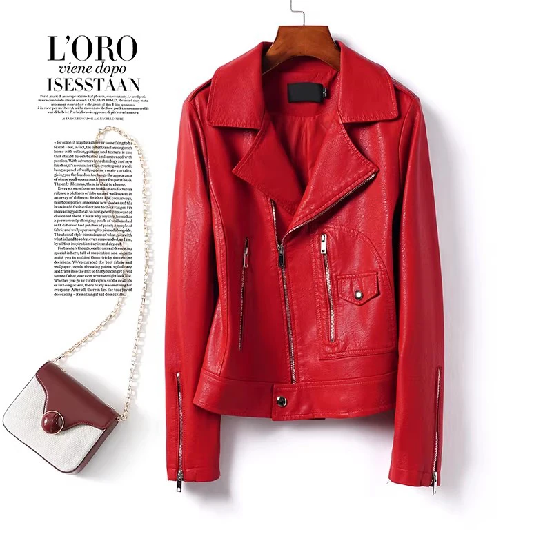 

New Women Moto Biker Jacket Split Leather Spring Autumn Fashion Suit Collar Long Sleeve Slim Leather Coat Casual Short Coat