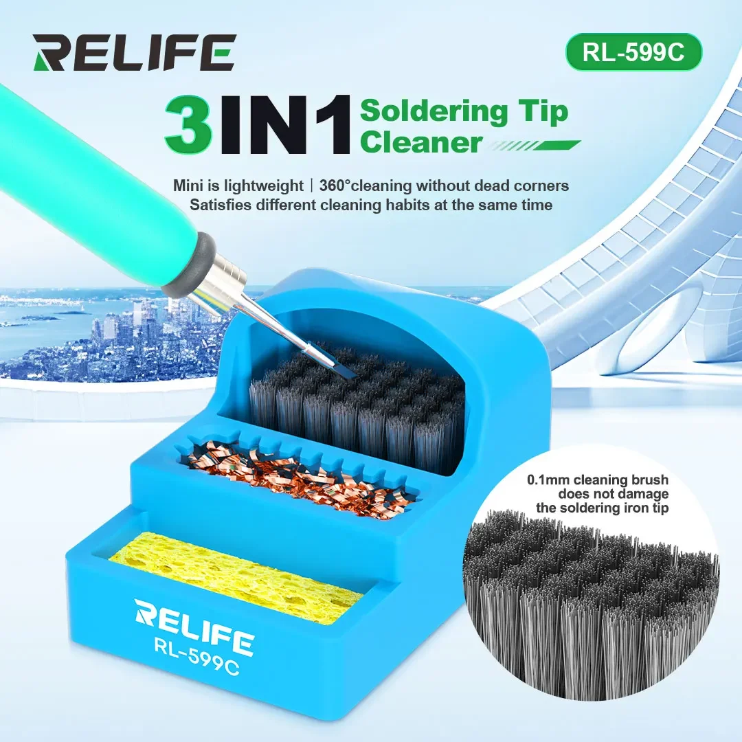 Ponta de Solda Cleaner Rl599c Resistência ao Calor Escova de Aço de Limpeza Esponja de Bola de Fio de Cobre Ferramenta de Limpeza Integrada Relife3in