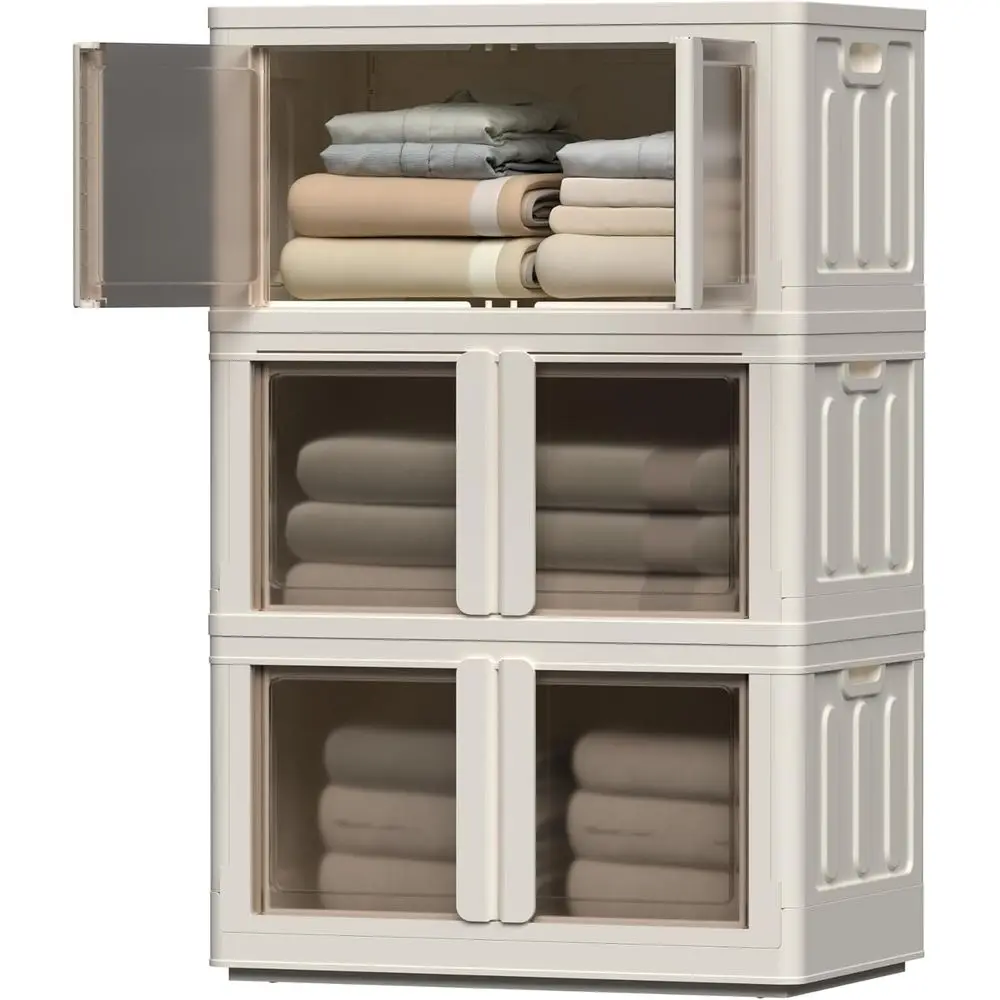 

Stackable Collapsible Storage Bins with Lids and Wheels, 3 Pack Cubes for Home and Dorm, Milky White