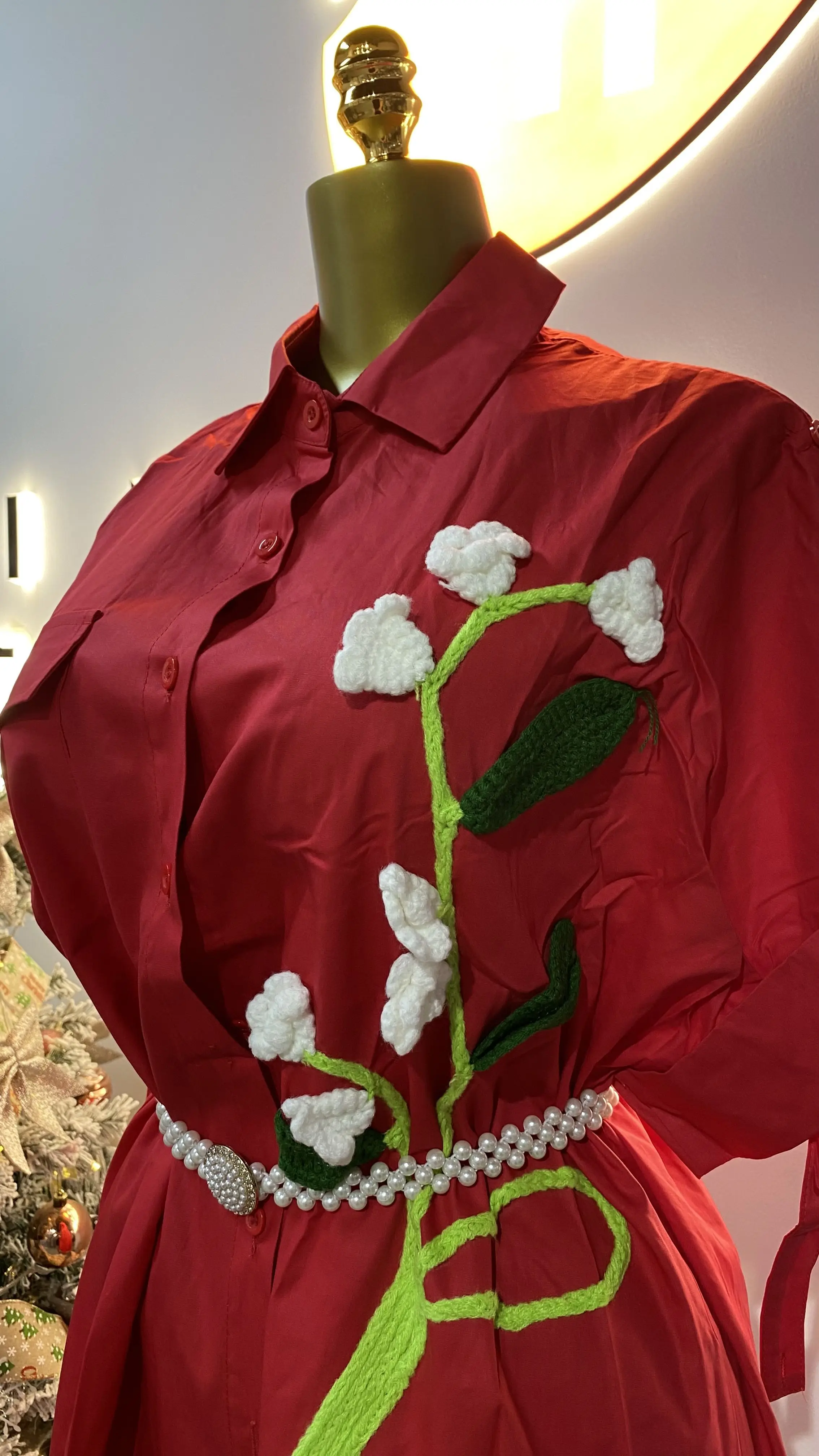 2025 autunno nuove donne abbigliamento temperamento rosso papillon cintura risvolto camicia di popeline a maniche corte dress-GZMM348