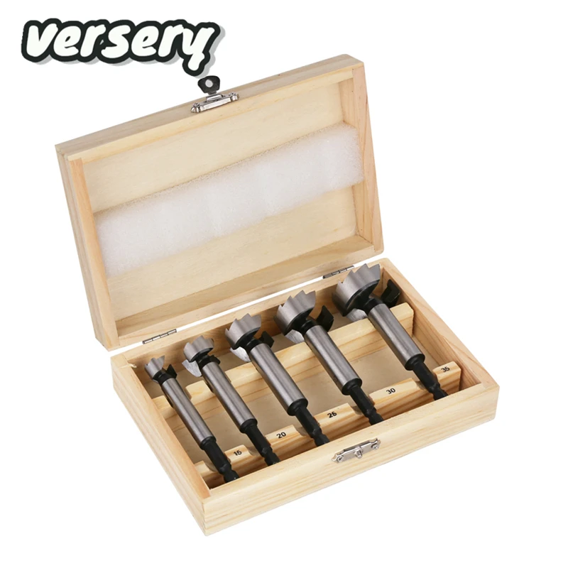 Versery 5PCS/Set 15/20/25/30/35mm 6.35mm Hex Shank Forstner Boring Drill Bits Kit Woodworking Self Centering Hole Saw Tool