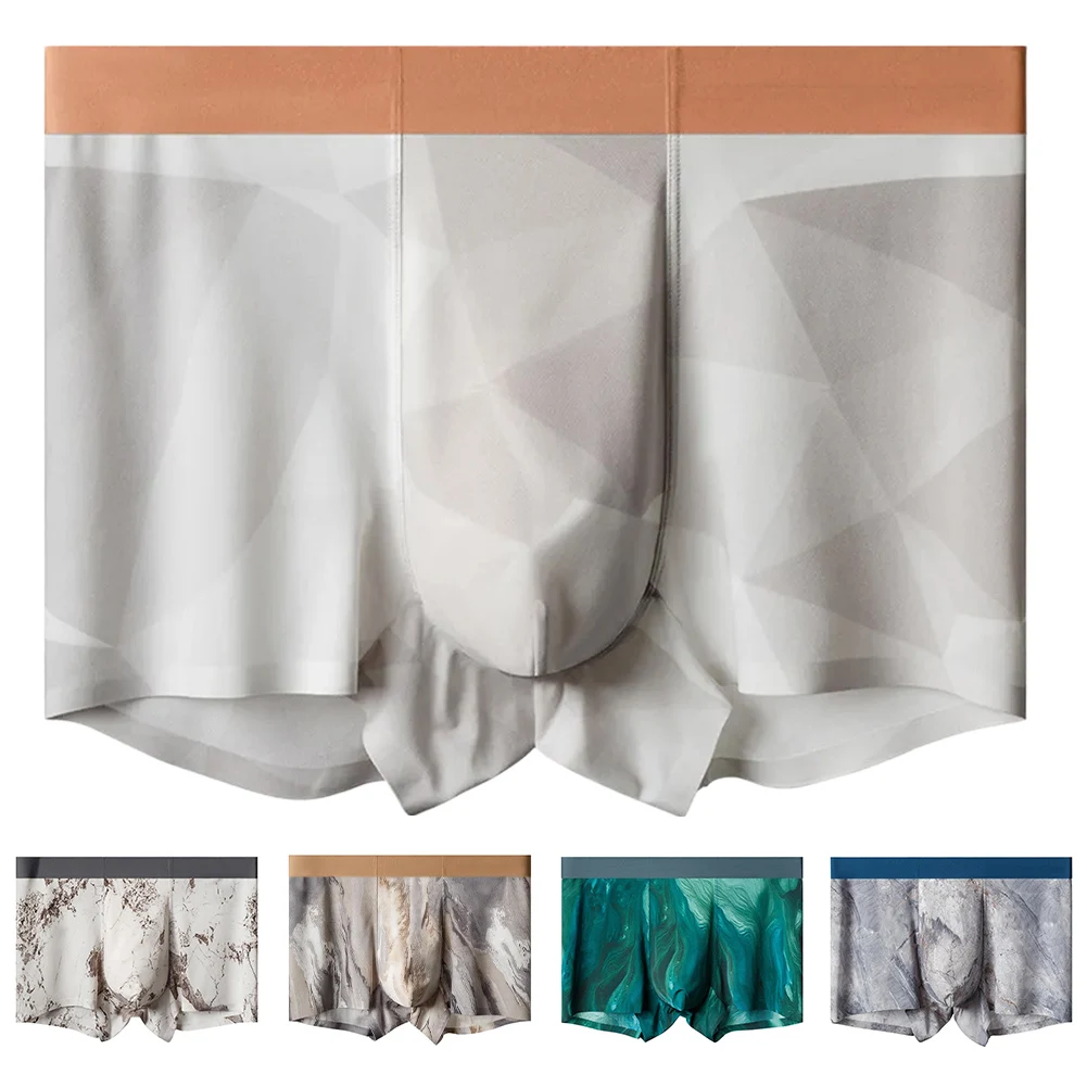 

Men Ice Silk Breathable Seamless Underwear Thin Boxer Shorts Trunk with Retro Printed Pattern for Everyday Wear