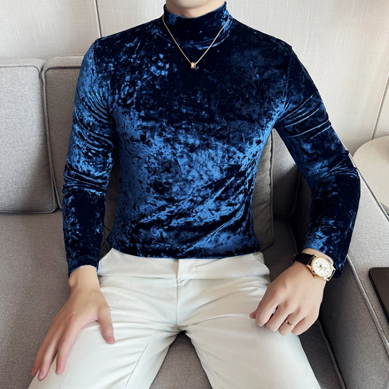 2024 Fall Slim Fit Half High Neck Men's Luxurious Base Shirt, Stretchable Knitted Pullover Top for Nightclubs, Parties.M-4XL