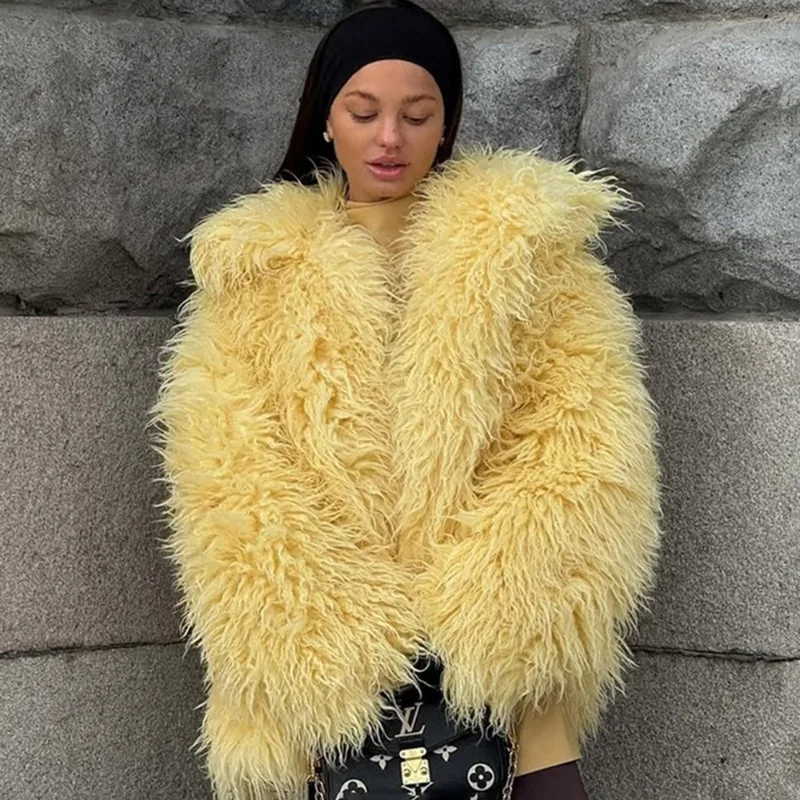 سترة نسائية من فراء الثعلب الصناعي المنفوش من Talenza معطف شتوي فضفاض فاخر بأكمام طويلة وخصر عالي معطف مرقع ملابس خارجية للنساء 2025