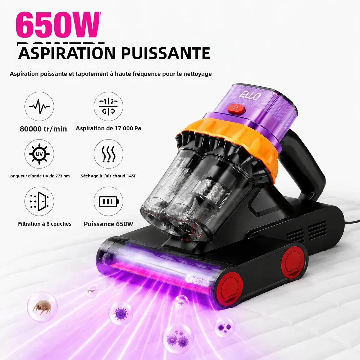 Aspirateur pour matelas, aspirateur à main filaire 650W avec aspiration puissante 17KPa, lumière UV-C 273nm, séchage à air chaud 145°F, filtre HEPA, nettoyage anti-acariens ultrasonique et détection de poussière pour l