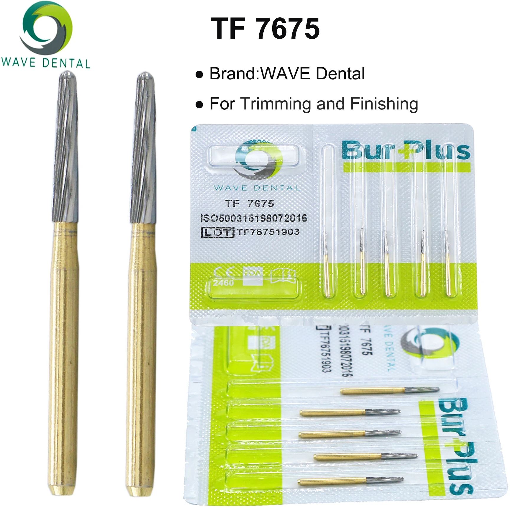 WAVE Dental Burs Tungsten Carbide Burs Gold Plated Trimming and Finishing 12 Bladed T Series For High Speed Handpiece 5pcs/Pack