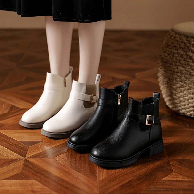 

Autumn Winter Thick Sole Anti-slip Lady Buckle Round Toe Solid Leather Boots Increasing Heel Low Top Fur Warm Short Boots