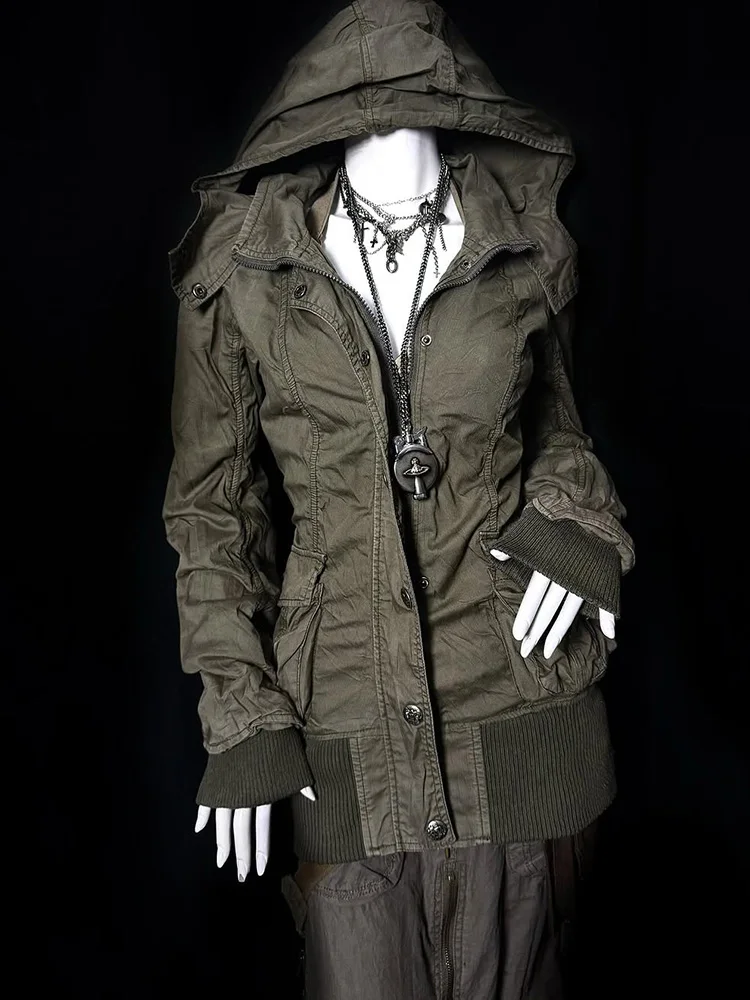 

Оригинальная верхняя одежда в американском стиле ретро Sle Jaet, женская модная дизайнерская весенне-осенняя хлопковая длинная застежка-молния с капюшоном