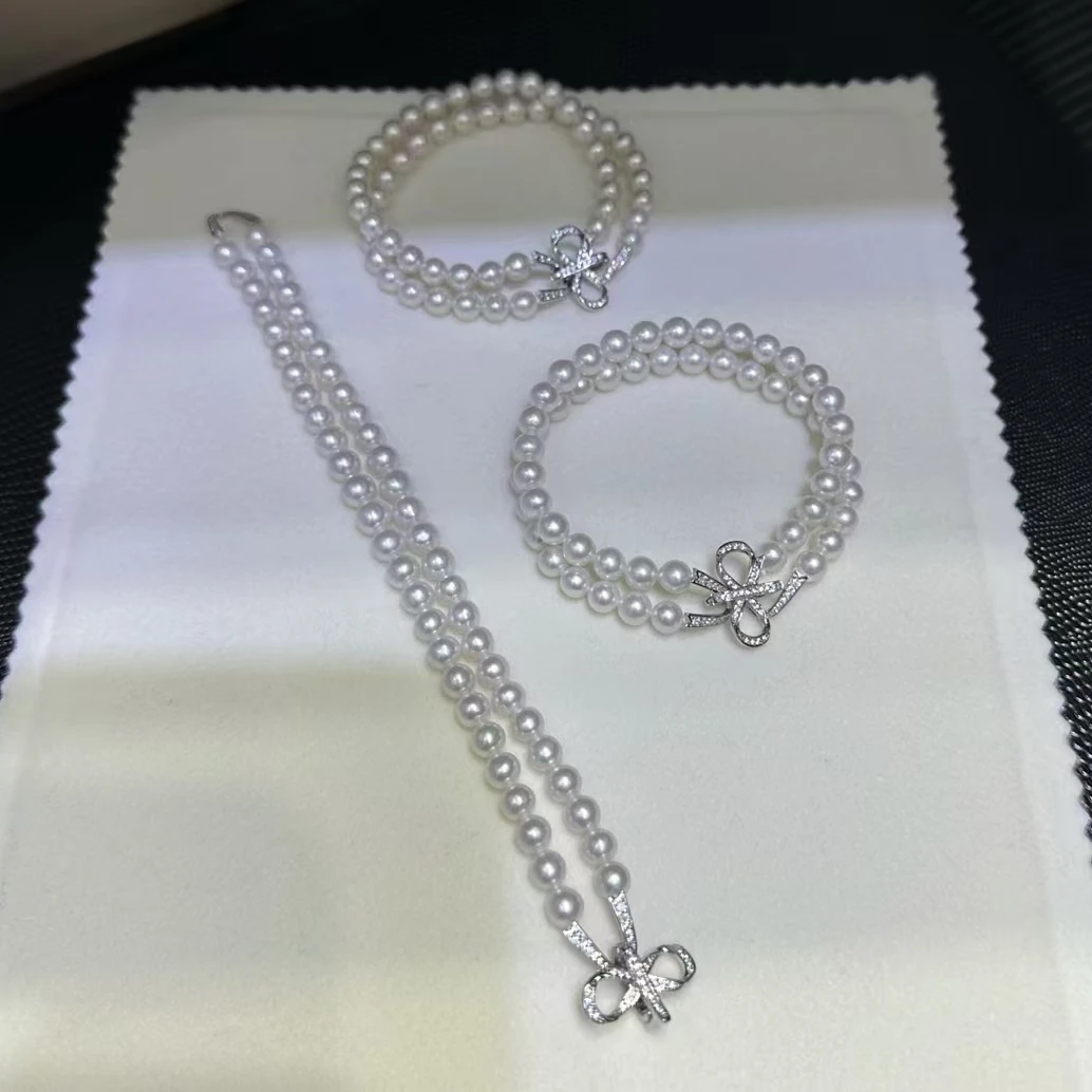

Двухрядный браслет с бантом AAA7-8 мм из натурального белого жемчуга и ожерелья 7,5-8 дюймов