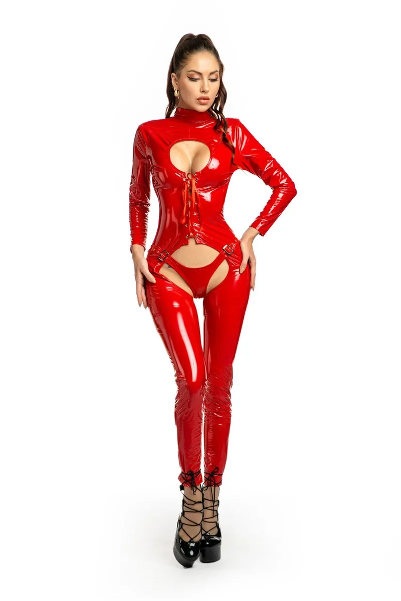 Women Crotchless Wetlook Latex Bodysuit Bondage Jumpsuit Sexy Breast Exposing Open Crotch Shiny Leather Catsuit Clubwear