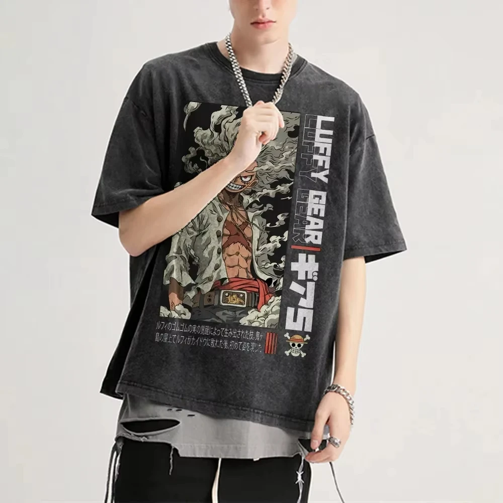 Anime One Piece Graphic Print Acid Wash Men's T-Shirt Oversized Cotton Crew Neck Streetwear Men's Washed and Old Comfortable Pop