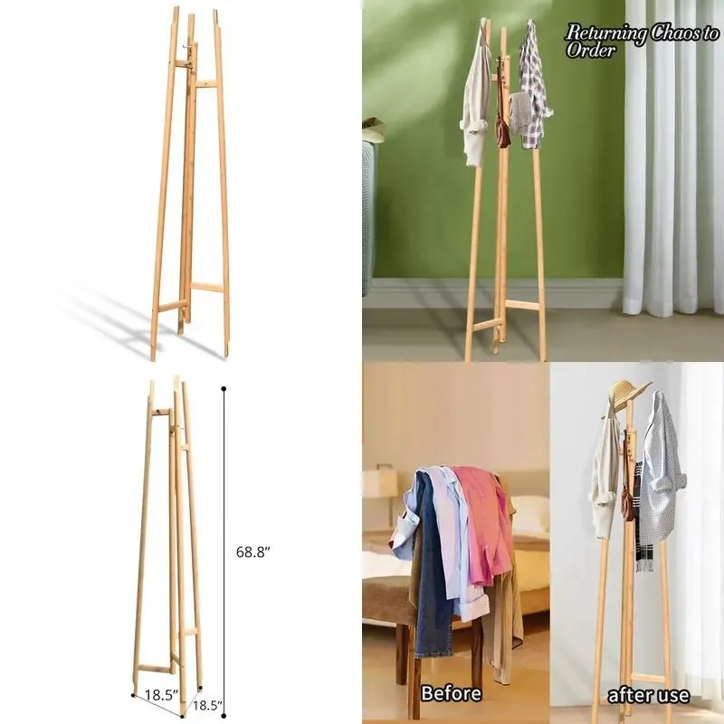 Natural Solid Wood Bamboo Coat Rack Independent Standing Clothes Hanger for Bedroom Living Room Office Home Storage Organizer