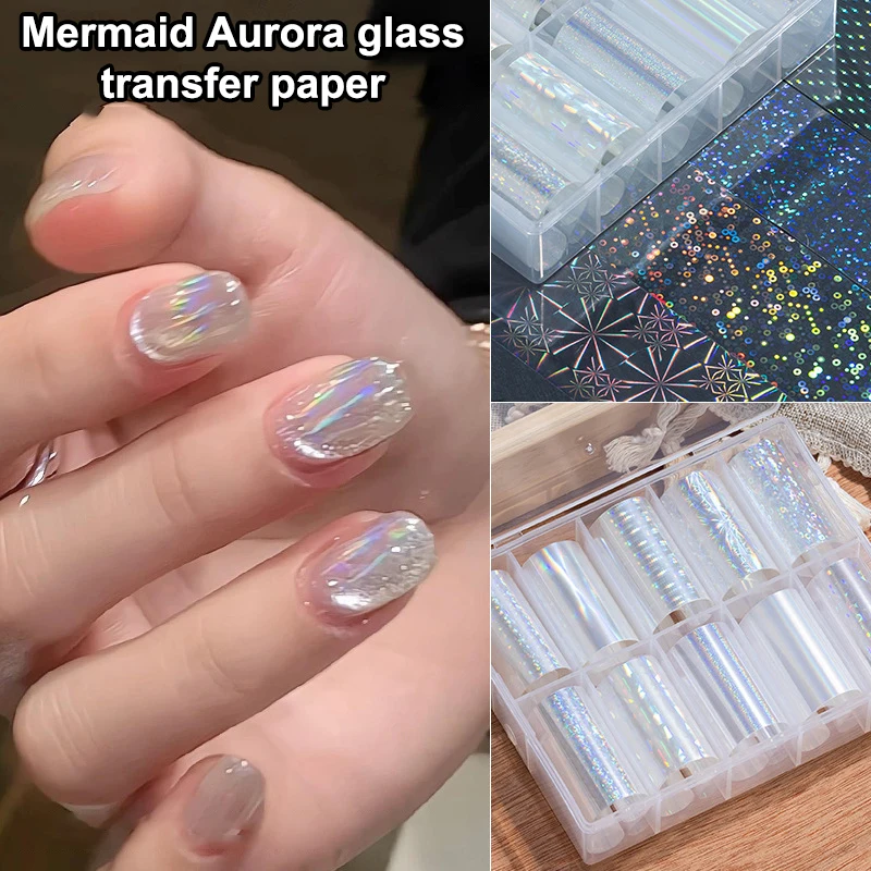 New 6/10 Rolls Laser Starry Sky Transfer Foils Aurora Glass Paper Foil Nail Sticker Gel Cat Eye Polish Transfer Decals DIY Nai