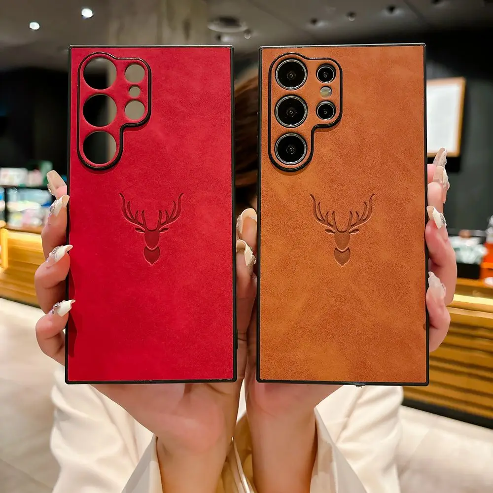 Lambskin Leather Deer Head Case For Samsung Galaxy S26 S25 Ultra S26 S24 S23 S22 S21 Ultra Plus FE A55 A53 A52 A36 Retro Cover