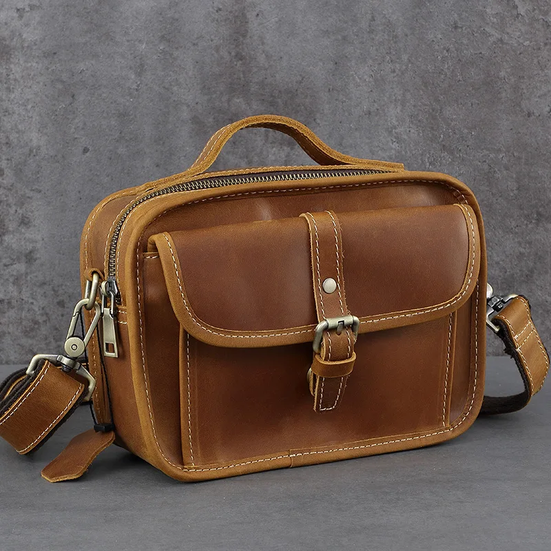 Genuine leather men's crossbody top layer cowhide messenger bag, square retro hand-held large-capacity single-shoulder bag
