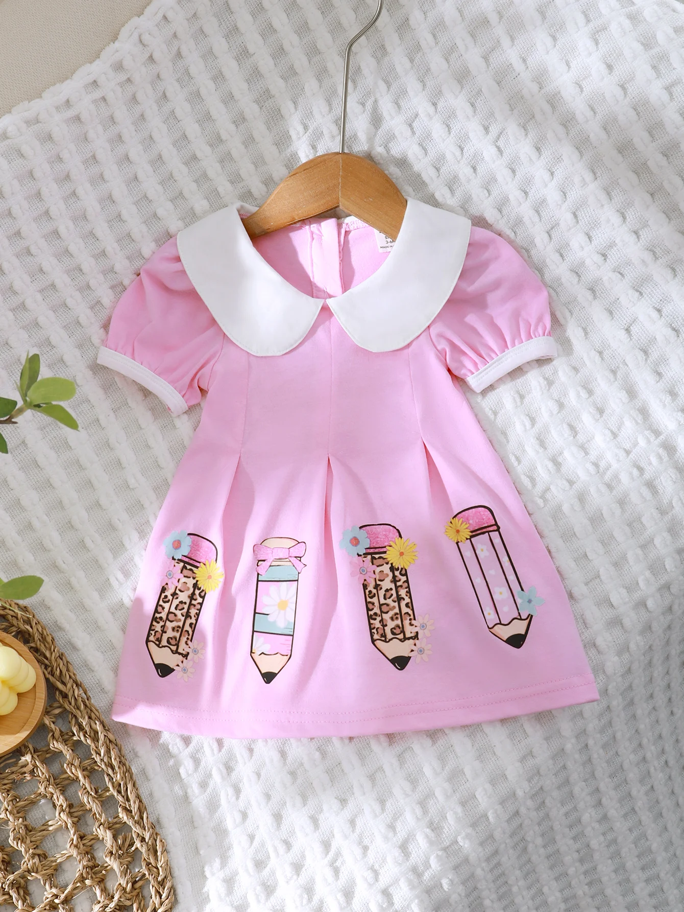 3-36M Sweet And Cute Pink BabyGirl Dress Doll Collar Short Sleeve Waist Lady A-Line Skirt Personality Cartoon Pencil Print Skirt