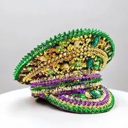Mardi Gras Hat Rhinestone Hen Do Hat Masquerade Festival Captain Hat Steampunk Sergeant Headwear Music Festival Cosplay Rivet