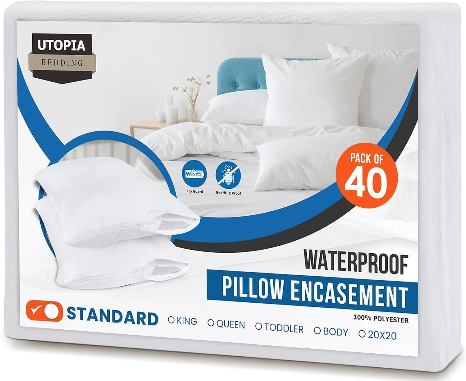 Premium 100% Waterproof Pillow Protectors with Zipper Standard Size (Set of 40), Bed Bug and Dust Mite Proof Zippered Pillow