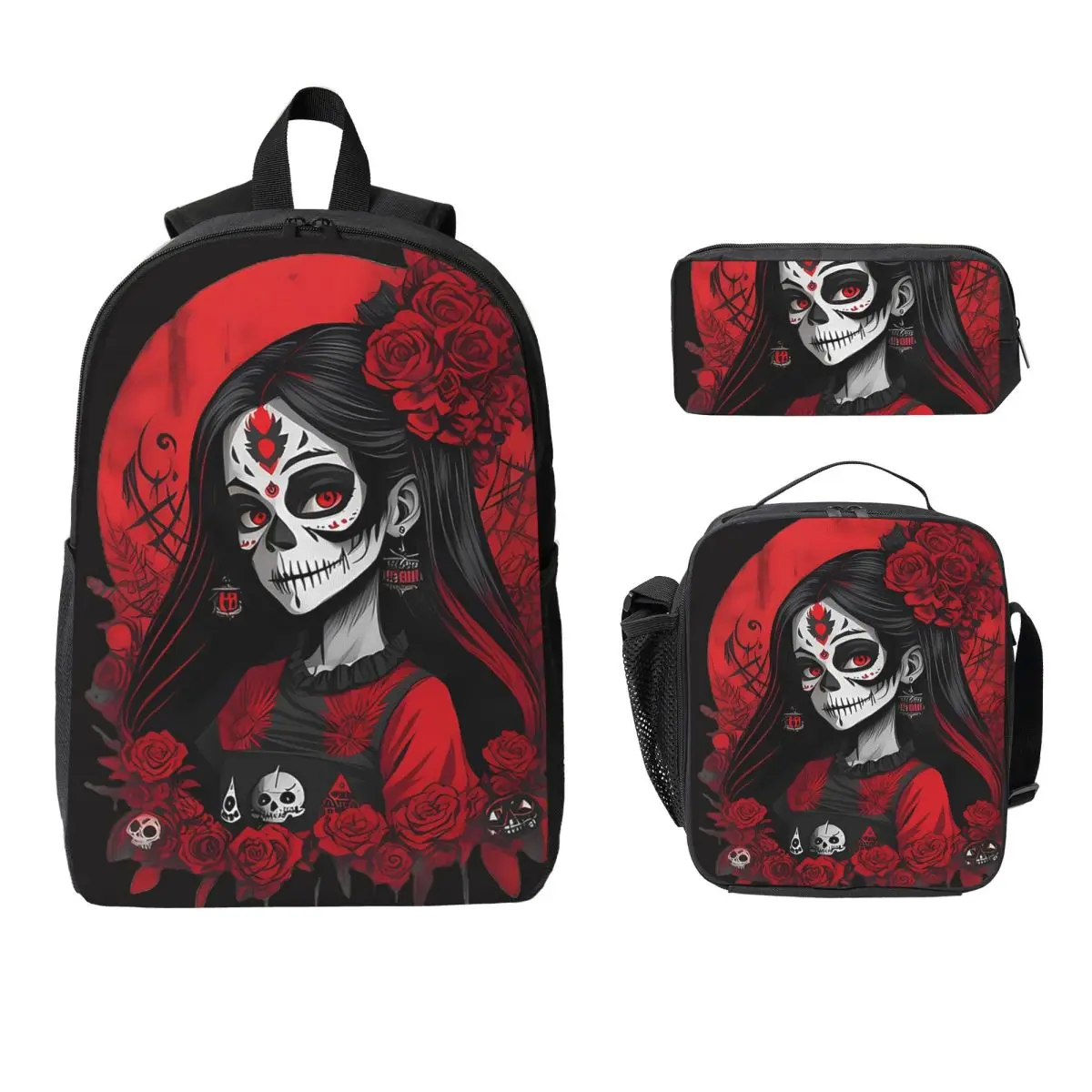 

Las Elegantes Girls Day Of Dead Skull Backpack BookBag School Bag Computer Shoulder Bags 3ps Insulated Lunch Bag Pencil Case