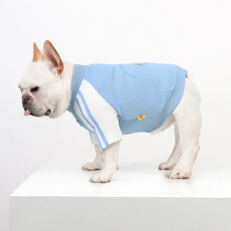 ملابس رياضية للكلاب، سترة بقلنسوة مخططة باللون الأزرق والأبيض للكلاب الصغيرة، ملابس الخريف للحيوانات الأليفة للبلدغ الفرنسي، الصلصال، بيشون فريز وبودل #5