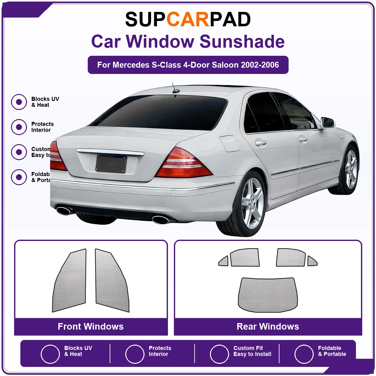 For Mercedes S-Class 4-Door Saloon 2002-2006 Pre‑Cut Auto Window Sunshade Anti‑UV Car Sun Visor Protector