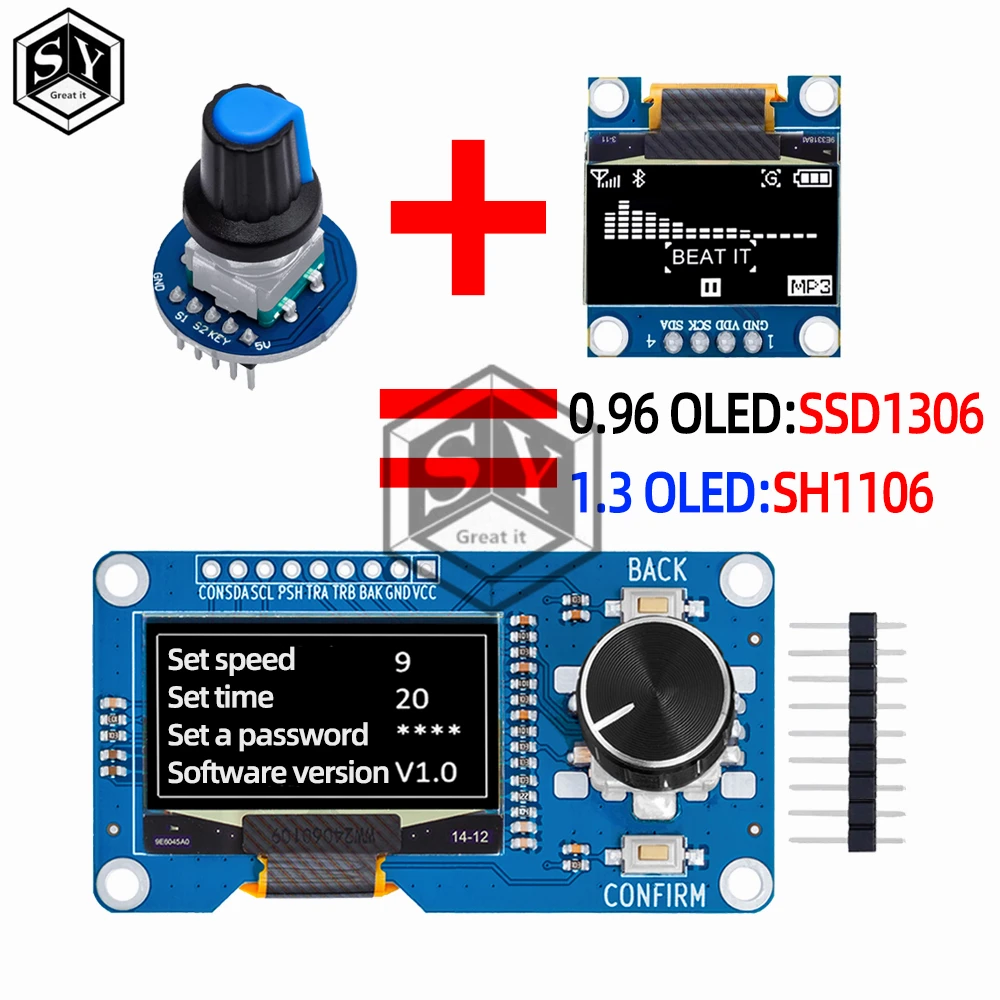 0.96/1.3 inch white oled display screen combined with EC11 rotary encoder module IIC interface for arduino