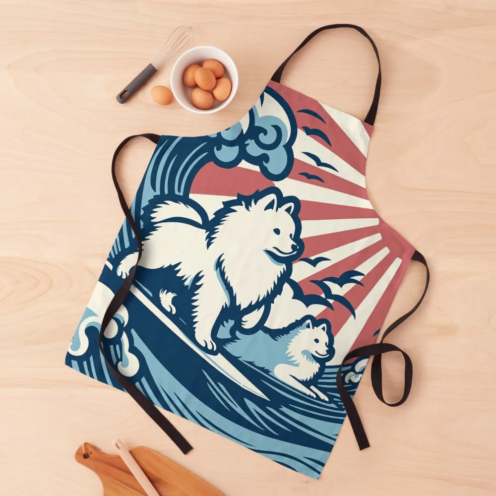 

Japanese Spitz Dogs surfing the Great Wave - JDM Apron restaurant accessories Kitchen Front Apron