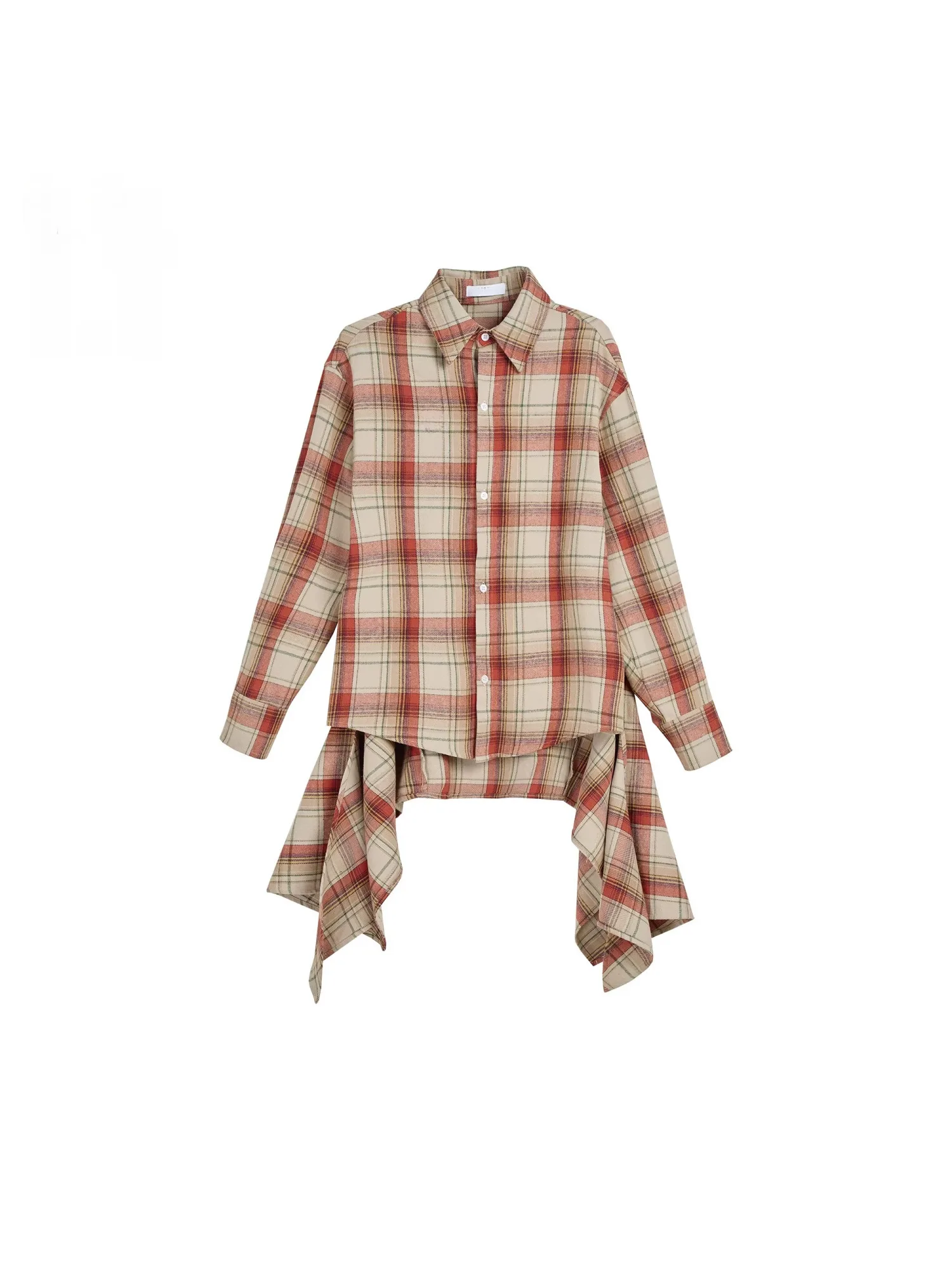 

Spring 2026 Women's Plaid irt Loose Fit Slimming Versatile Midi Length Unregular Tied Design Cotton Long Sve Top