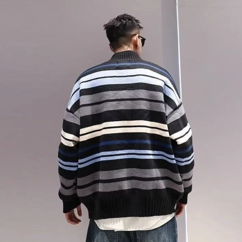 

Men's American Vintage Hip Hop Designer Knit Cardigan Spring Autumn Premium Striped Half High Collar Zipper Sweater Fashion