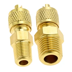 2 Pcs Brass Pipe Fittings with Valve Core 1/4 SAE To 1/8NPT 1/4 SAE To 1/4NPT For Air Conditioner Refrigeration Compressor