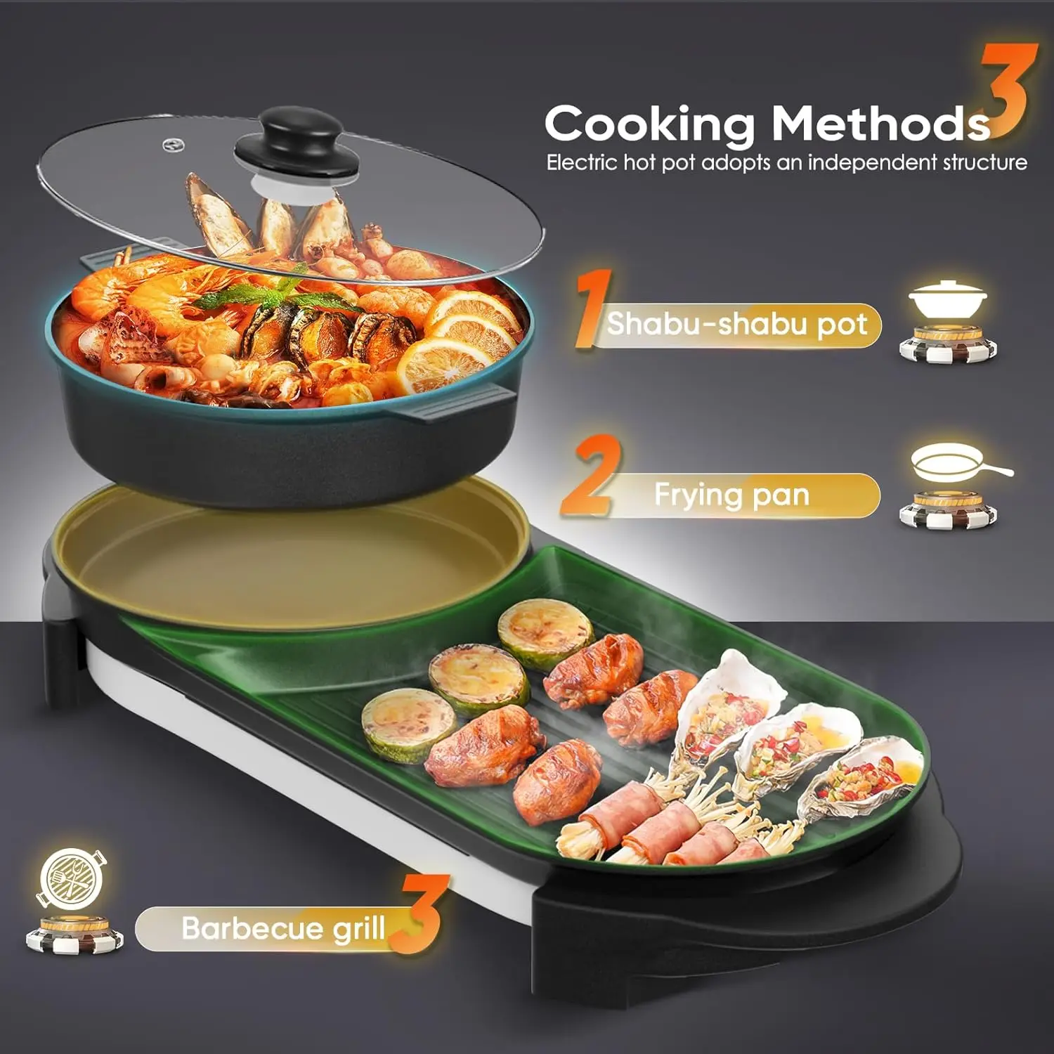 그릴 및 냄비, 2200W 탈착식 냄비 냄비, 대용량 베이킹 트레이, 붙지 않는 프라이팬, 이중 온도 조절 가능, 1