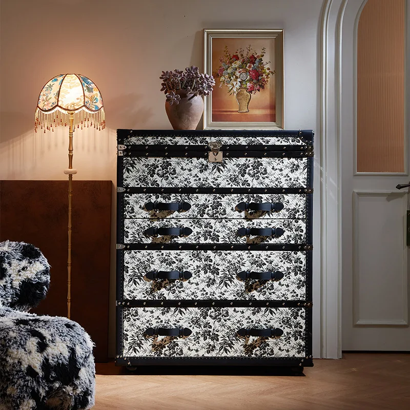 K9050 French cabinet black and white forest ink flower leather print side cabinet drawer storage storage
