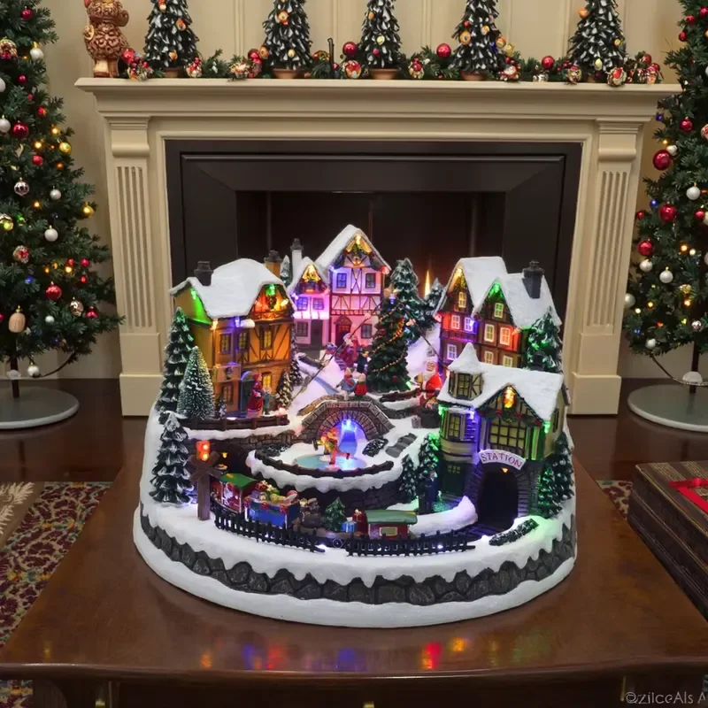 Shiny LED Animated Christmas Village with Kids Skating and Train Moving Seasonal Decor and Gifts