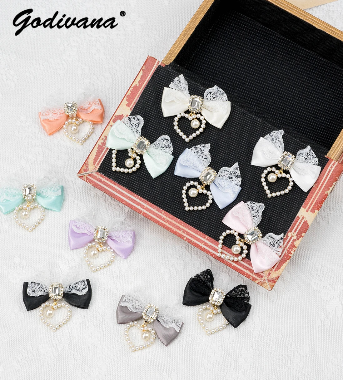 

Japanese Lace Square Diamond Love Heart Mini Bow Barrettes Girls Side Clip Mine Series Sweet Women's Headdress A Pair Hairclips