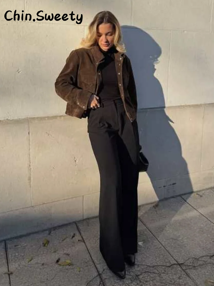 

Street Suede Pockets Jacket Women Solid Loose Lapel Full Sleeve Single Breasted Jackets 2025 Autumn Lady All-match Commute Coats